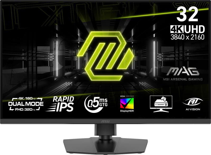 Monitor MSI 31.5" MAG 322URDF E16, Diagonal inch 31.5, Diagonal cm 80, Aspect ratio 169, Panel Fast IPS, Resolution 3840x2 1601920x1080, Refresh Rate 160Hz320Hz, Response time GtG 0.5ms, Brightness max 400 cdm², Contrast static  1000