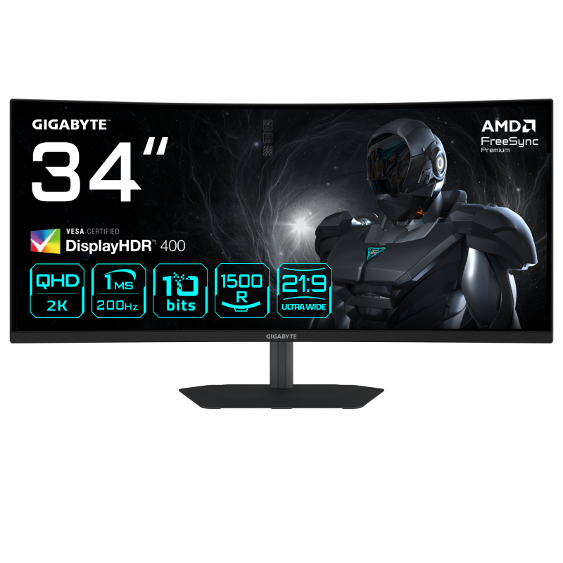 GIGABYTE G34WQC2 34” WQHD Curved Gaming Monitor - 3440 x 1440, 1500R, 200Hz, 1ms, 450 cdm2, AMD FreeSync Premium, DisplayHDR 400, HDMI 2.0, Displayport 1.4. Display diagonal 86.4 cm 34", Display resolution 3440 x 1440 pixels, HD type UltraWide Quad 