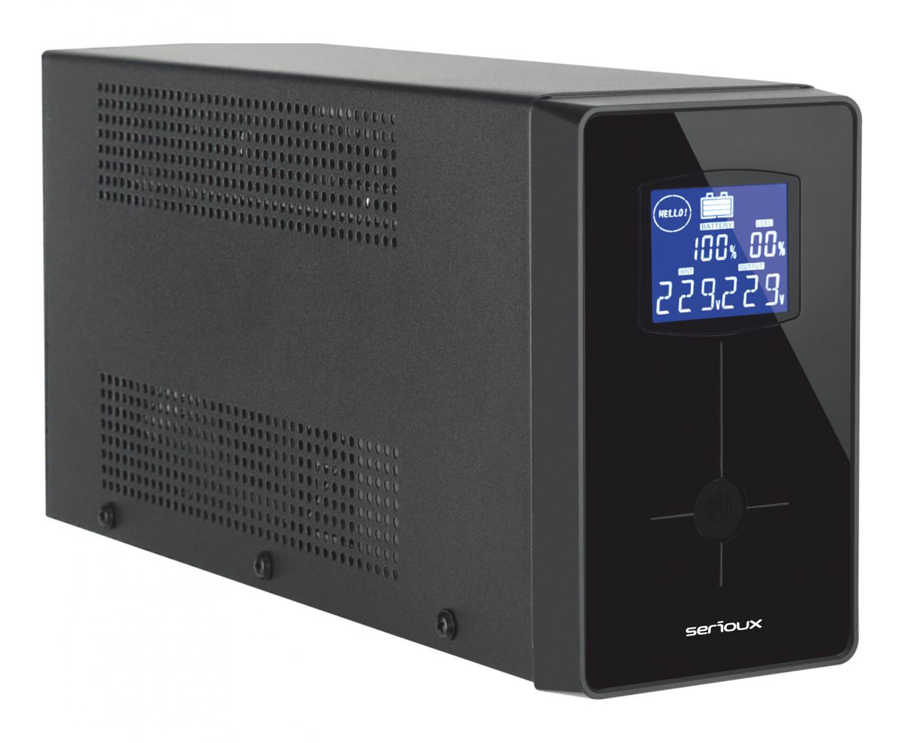 UPS Serioux Line Interactive 1500LI, ecran LCD, capacitate 1500VA900W, 4 prize Schuko , baterie 12 V  8.0 Ah × 2, timp mediu de functionare pe baterii 8 min - 50 sarcina, management USBRJ45, software inclus