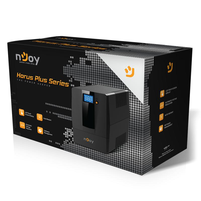 UPS nJoy Horus Plus 1000,  1000VA600W,  Afisaj LCD cu ecran tactil,  4 Prize Schuko cu Protectie,  Repornire Automata,  RJ11 protectie pentru linia de telefonmodem