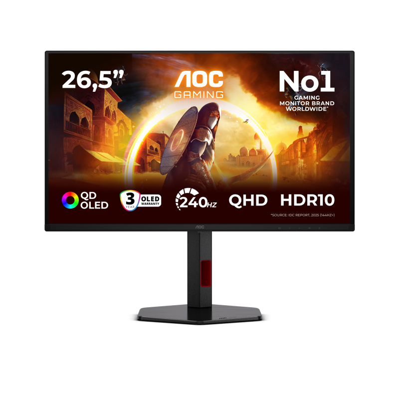Monitor AOC 26.5" Q27G4ZDR, Diagonal inch 26.5, Diagonal cm 67, Aspect ratio 169, Panel QD-OLED, Resolution 2560x1440, Refresh Rate 240Hz, Response time GtG 0.03ms, Brightness max 400 cdm², Contrast static  1.5M1, Viewing angle 17817