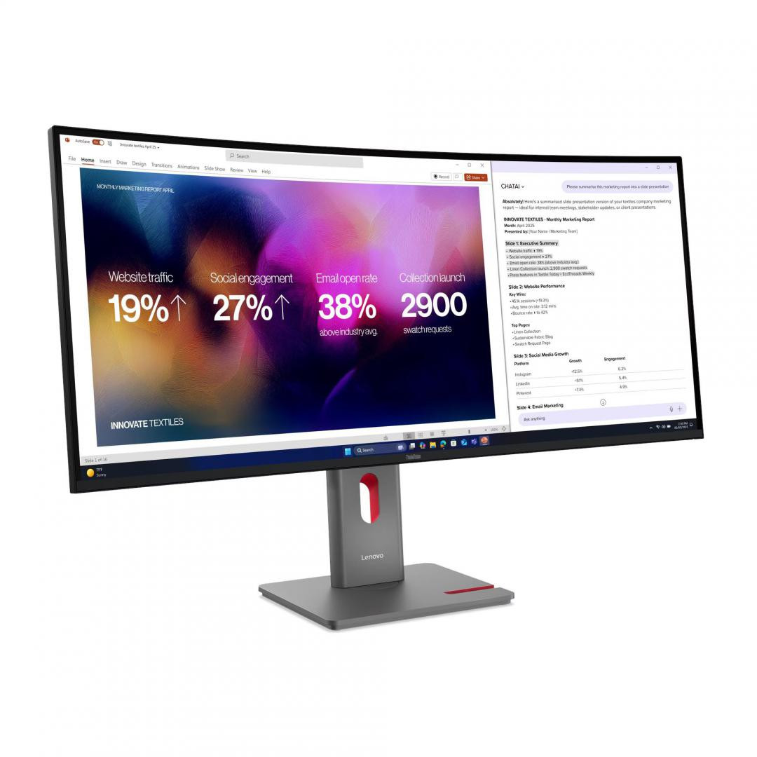 MonitorLenovoThinkVision P40WD-40 Monitor; 39.7"IPS, WUHD 5120x2160, 219, Brightness 400 cdm², Contrast ratio 20001, Response time 4ms GtG Extreme mode  6ms GtG Typical mode, Dot  Pixel Per Inch 140 dpi, Color Gamut 99 sRGB, 98 DCI-P3,